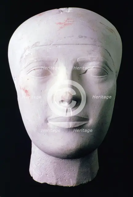 Ancient Egyptian carved head from Giza, Cairo Museum, Egypt.  Creator: Tony Evans.