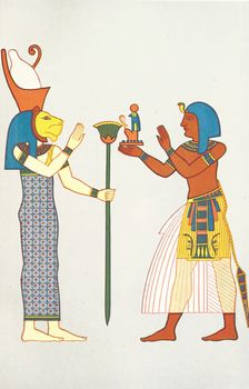 Ancient Egyptian goddess and worshipper, 1881. Creator: Unknown