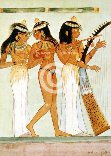 Ancient Egyptian musicians and a dancer, 1910. Artist: Walter Tyndale