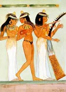 Ancient Egyptian musicians and a dancer, 1910. Artist: Walter Tyndale