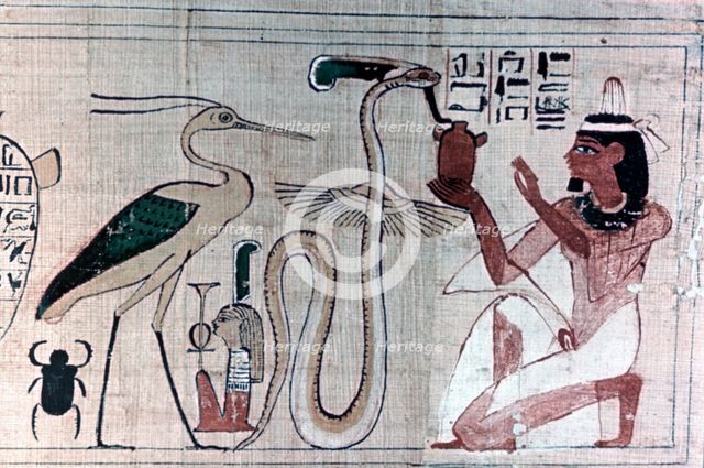 Ancient Egyptian papyrus of death kneeling before a snake. Artist: Unknown
