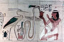 Ancient Egyptian papyrus of death kneeling before a snake