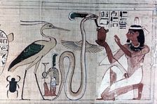 Ancient Egyptian papyrus of death kneeling before a snake