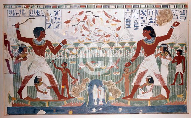 Ancient Egyptians hunting wildfowl with throwing sticks. Artist: Unknown
