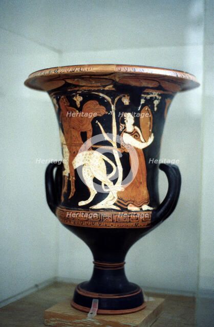 Ancient Greek vase with red figure decoration, including a female dancer, 5th century BC. Artist: Unknown
