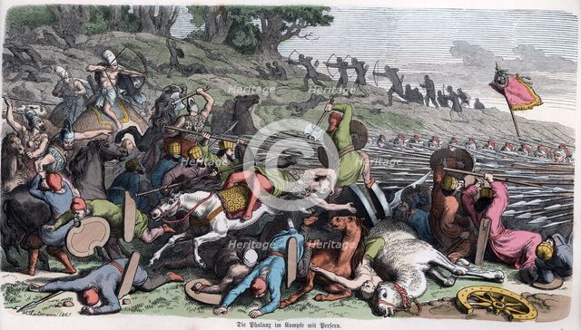 Ancient History. Macedonia. Macedonian phalanx fighting the Persians. German engraving, 1865.