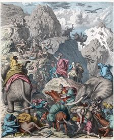 Ancient History. Carthage. Hannibal and his army passing the Alps into Italy. German engraving, 1…