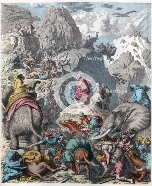 Ancient History. Carthage. Hannibal and his army passing the Alps into Italy. German engraving, 1…