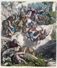 Ancient History. Carthage. Lion hunting. German engraving, 1866