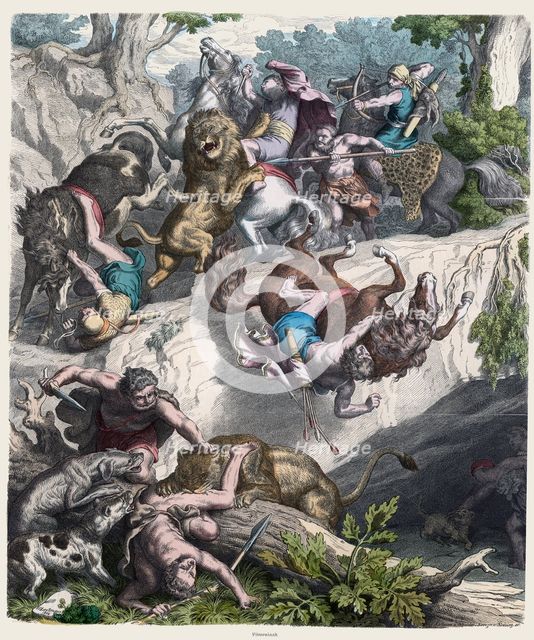 Ancient History. Carthage. Lion hunting. German engraving, 1866.