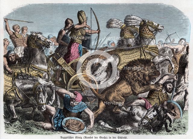 Ancient History. Egypt. King Ramses the Great in a battle. German engraving, 1865.