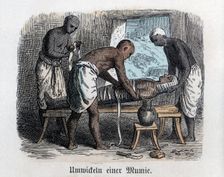 Ancient History. Egypt. Preparing a mummy. German engraving, 1865