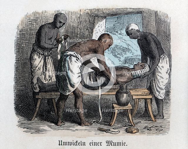 Ancient History. Egypt. Preparing a mummy. German engraving, 1865.