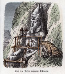 Ancient History. Egypt. Statue carved on a rock. German engraving, 1865
