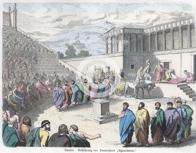 Ancient History. Greece. Theatre, representation of Agamemnon. German engraving, 1865.