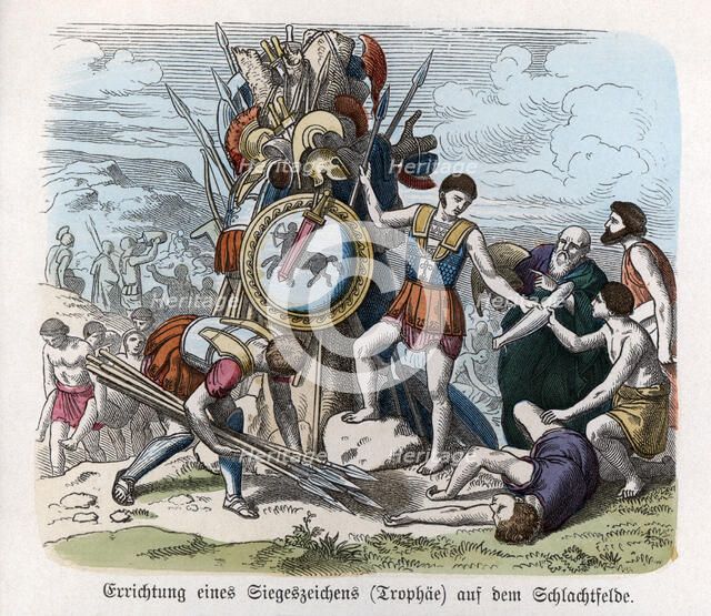 Ancient History. Greece. War trophies. German engraving, 1865.