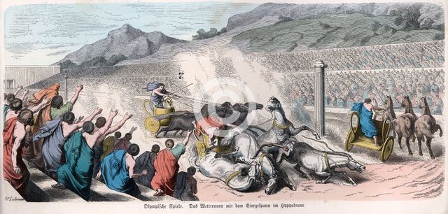 Ancient History. Greece. Athletic competitions, chariot race at the racetrack. German engraving, …