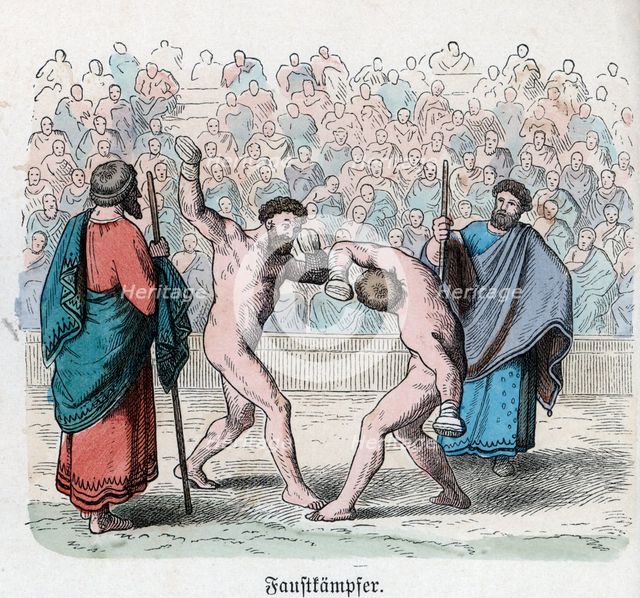Ancient History. Greece. Athletic competitions. Fight. German engraving, 1865.