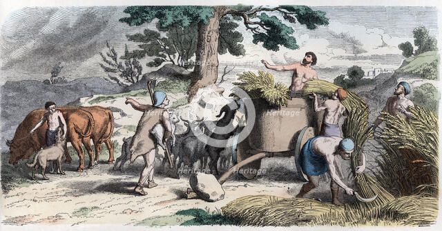 Ancient History. Greece. Farming and harvesting. German engraving, 1865.