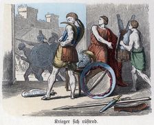 Ancient History. Greece. Greek warriors arming themselves for war. German engraving, 1865