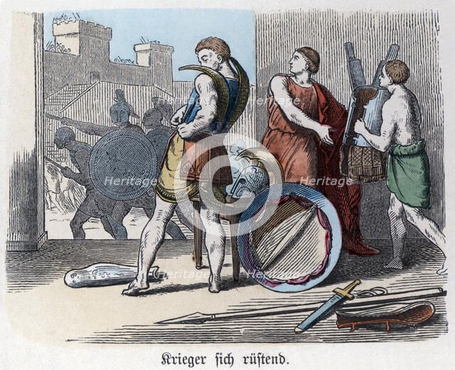 Ancient History. Greece. Greek warriors arming themselves for war. German engraving, 1865.