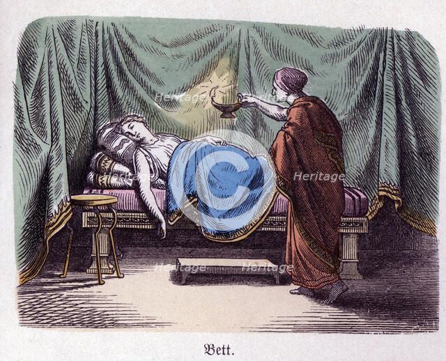 Ancient History. Greece. Greek bedroom. German engraving, 1865.