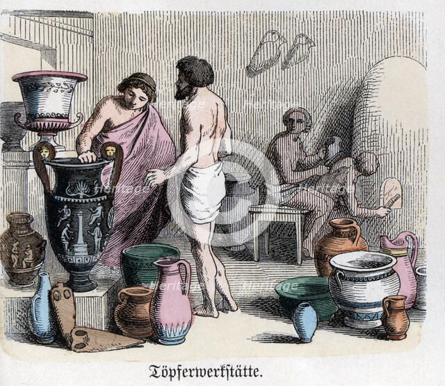 Ancient History. Greece. Pottery workshop, manufacturing of amphorae. German engraving, 1865.