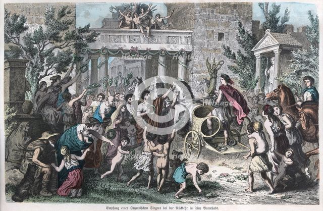 Ancient History. Greece. Reception and homage to a winner in his hometown. German engraving, 1880.