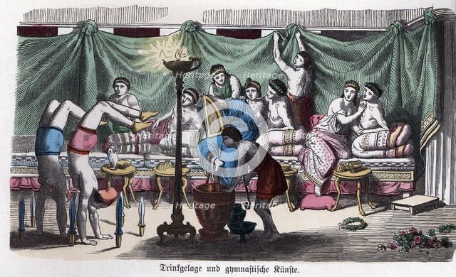 Ancient History. Greece. Scene of a banquet and gymnastic games. German engraving, 1865.