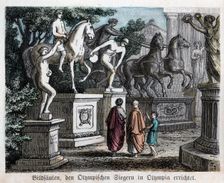 Ancient History. Greece. Statues in honor of the winners. German engraving, 1880
