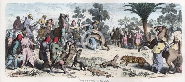 Ancient History. Persia. The Persian king and his entourage on a leopards hunting. German engravi…