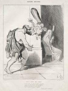 Ancient History, plate 25: Hercules Subdued by Cupid, 18 September 1842. Creator: Honoré Daumier (French, 1808-1879); Aubert