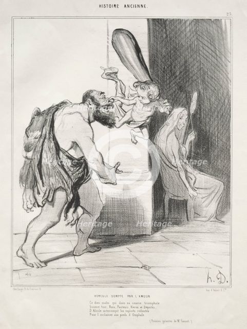 Ancient History, plate 25: Hercules Subdued by Cupid, 18 September 1842. Creator: Honoré Daumier (French, 1808-1879); Aubert.