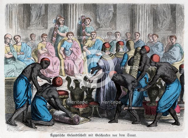 Ancient History. Rome. Egyptian Embassy presenting gifts to a senator. German engraving, 1865.