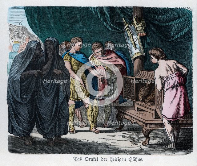 Ancient History. Rome. Oracle of the sacred cocks. German engraving, 1865.