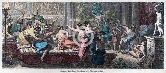 Ancient History. Rome. Orgy in a house of a Roman patrician. German engraving, 1866.