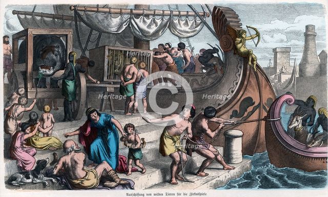Ancient History. Rome. Landing of animals and beasts for the Roman circus. German engraving, 1866.