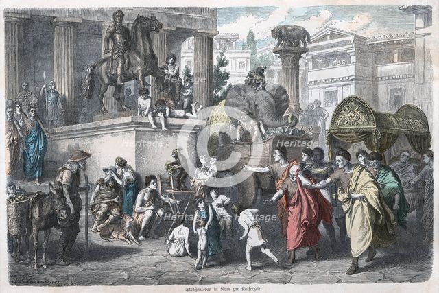 Ancient History. Rome. Scene in a Roman street. German engraving, 1865.