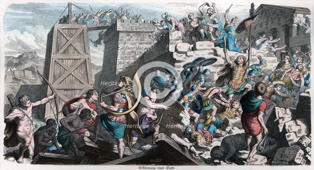 Ancient History. Rome. Romans assaulting a city. German engraving, 1865.