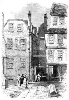 Ancient houses in the Temple, and the grave of Oliver Goldsmith, 1860. Creators: Unknown, Oliver Goldsmith