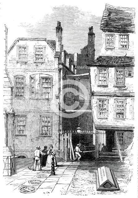 Ancient houses in the Temple, and the grave of Oliver Goldsmith, 1860. Creators: Unknown, Oliver Goldsmith.