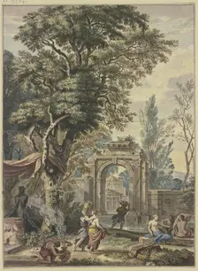Ancient portal, a statue of Pan with altar on the left, preparations for sacrifice. Creator: Isaac de Moucheron