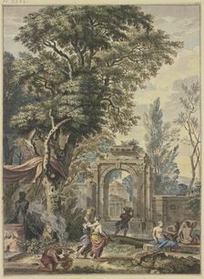 Ancient portal, a statue of Pan with altar on the left, preparations for sacrifice. Creator: Isaac de Moucheron
