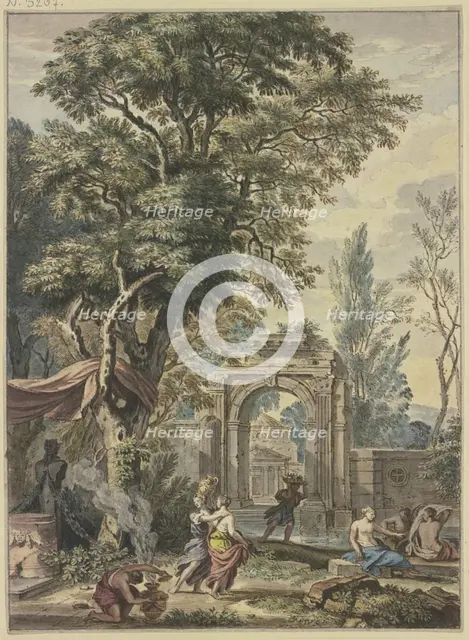 Ancient portal, a statue of Pan with altar on the left, preparations for sacrifice. Creator: Isaac de Moucheron.