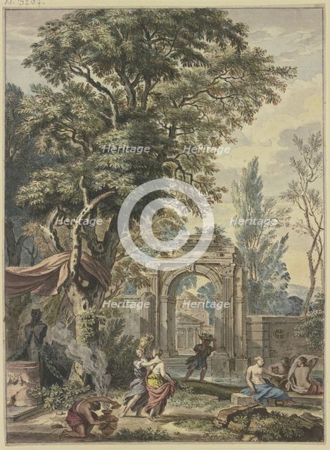 Ancient portal, a statue of Pan with altar on the left, preparations for sacrifice. Creator: Isaac de Moucheron.