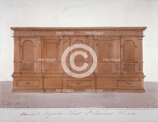 Ancient register chest from Southwark Cathedral, London, 1825. Artist: G Yates