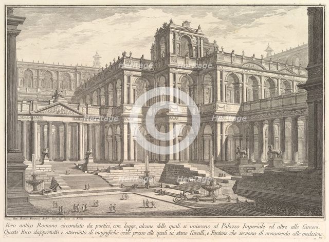 Ancient Roman forum surrounded by porticoes, with loggias, some of which communicate w..., ca. 1750. Creator: Giovanni Battista Piranesi.