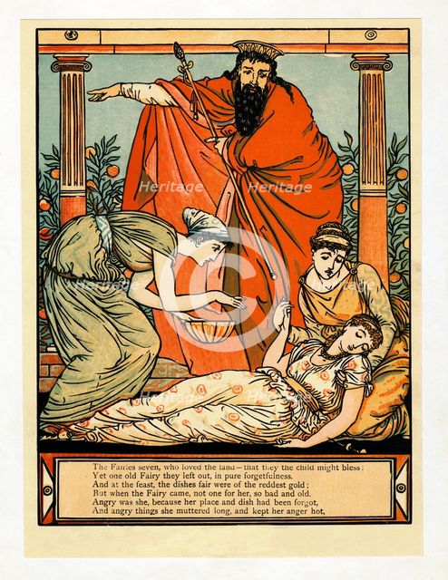 And down she falls in death-like sleep,, from The Blue Beard Picture Book, pub. 1879. Creator: Walter Crane (1845 - 1915).