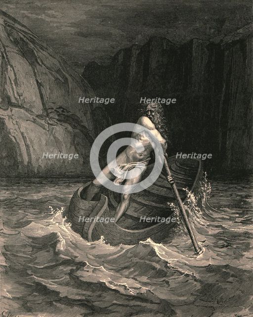 'And, lo ! Towards us in a bark comes an old man', c1890.  Creator: Gustave Doré.
