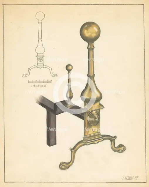 Andiron (one of pair), c. 1935. Creator: Jack Staloff.